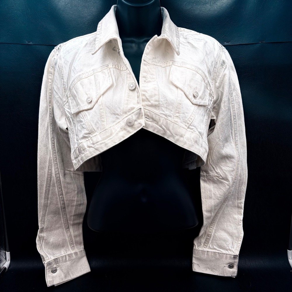 Zara Womens White Metallic Silver Foil Cropped Denim Jacket NWT Size Small S